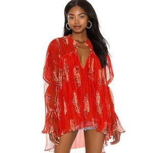 Free People Dahlia Tunic Top with Sleeve Detail in Red Vintage Floral Size Small